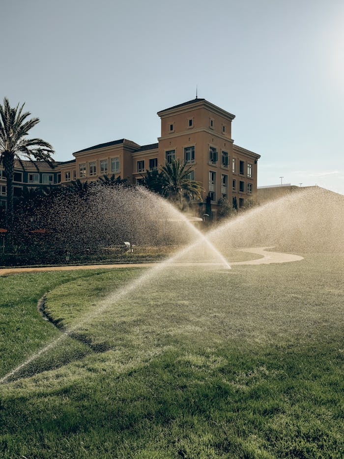 A charming building with a lush green lawn and sprinklers in action under a clear sky in Santa Clara, CA.